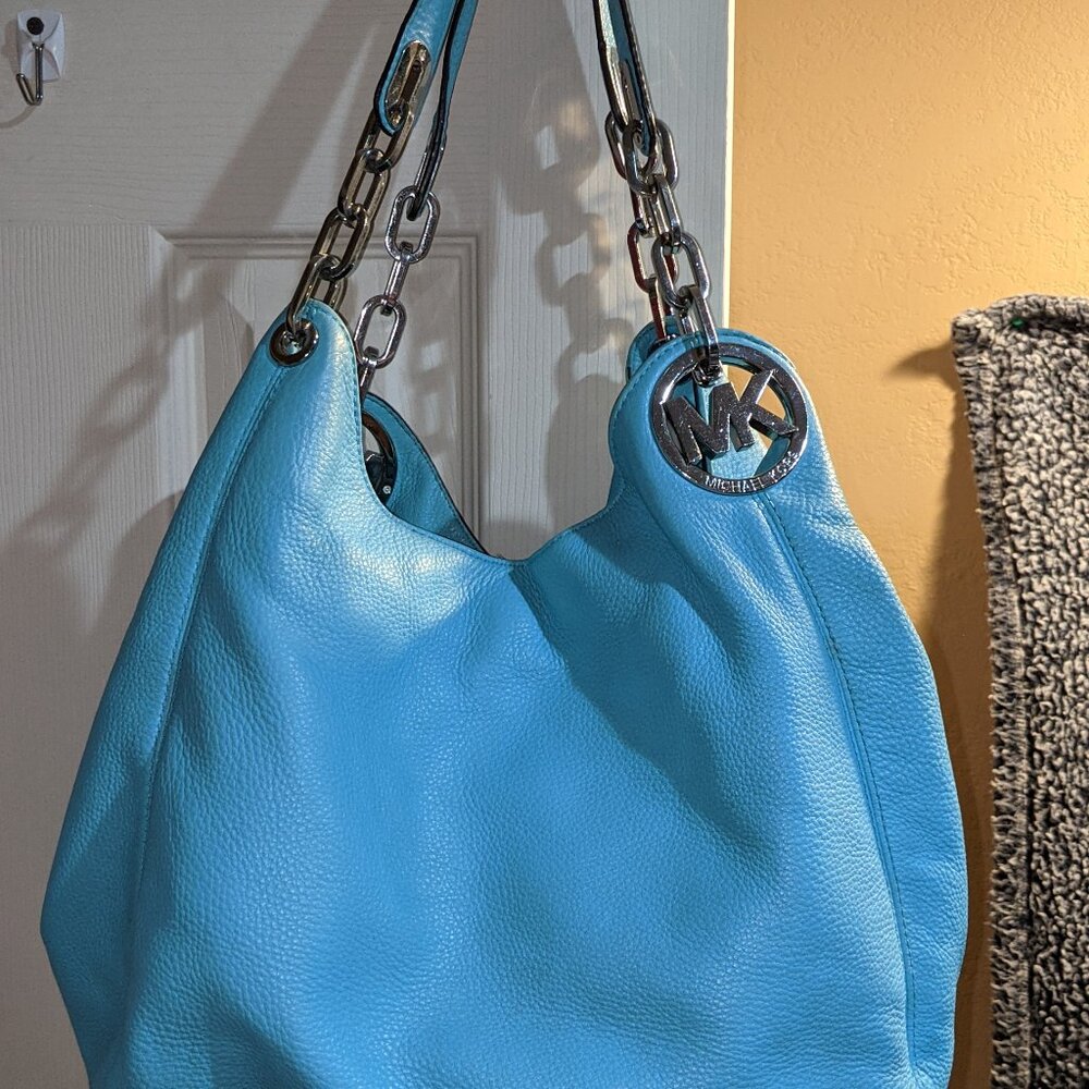 MICHAEL KORS FULTON SHOULDER HANDBAG AQUA MARINE LEATHER